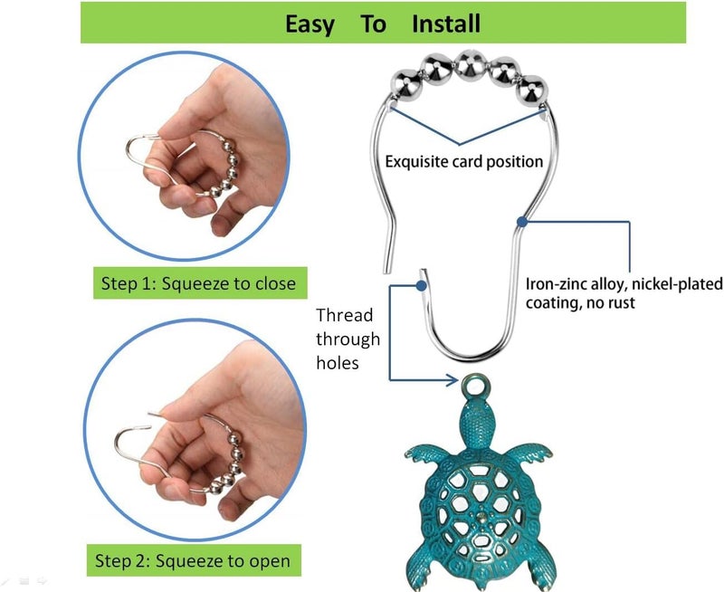 Aimoye Nautical Green Sea Turtles Beach Theme Shower Curtain Hooks, Blue Ocean Decor Shower Hooks for Shower Curtain, Tropical Shower Curtain Rings Rust Proof Shower Curtain Hanger Clips - Image 3